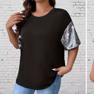 Black Sequin Stitching Shirt Sleeved Oversized  Tshirt XL NWT